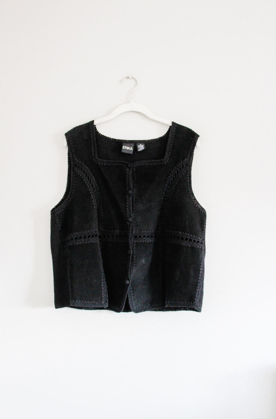 Vintage Black Crochet/Suede/Leather Boho Vest (M)